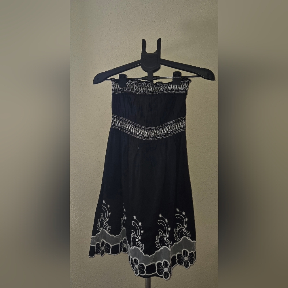 Speed Control Black Strapless Dress with White Embroidery